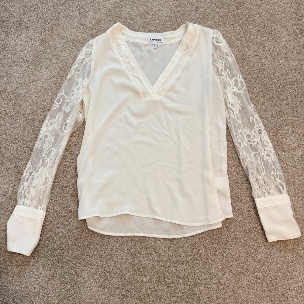 Express Lace Sleeve Blouse Womens XS Ivory V-Neck Sheer Floral Trim Top
